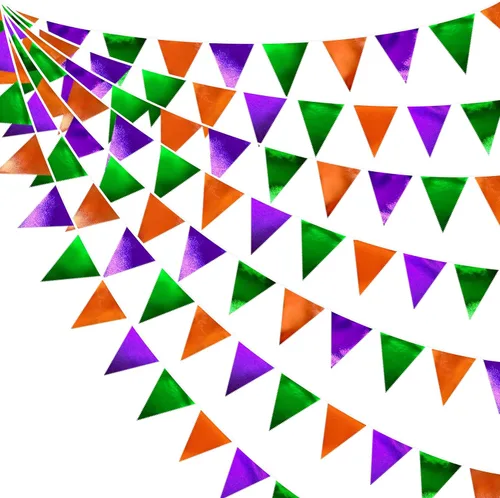 Vista 16 de Banderín de color verde azulado y aguamarina en forma de triángulo, bandera de tela metálica oscura, banderines de guirnalda de algodón