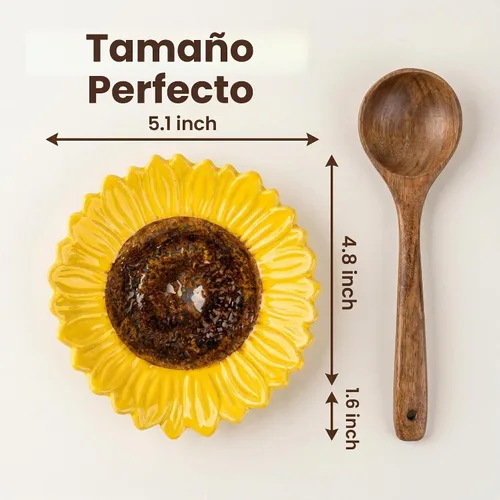 Vista 5 de Soporte de cuchara de cerámica en forma de girasol - 2 piezas para estufa y mostrador
