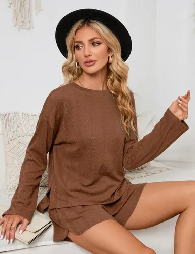 Vista 5 de MISSKY Conjunto de pijama de 2 piezas para mujer, camiseta de punto acanalado de manga larga y pantalones cortos, conjunto de pijama con bolsillos