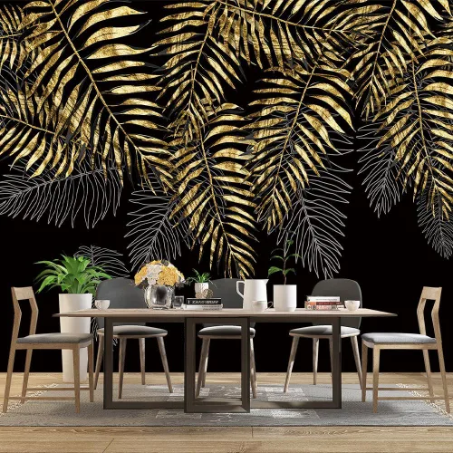 Vista 3 de Mural de hojas negras y doradas para dormitorio, papel tapiz botánico tropical, decoración de plantas, sala de estar, fondo de televisión, mural