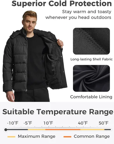 Vista 4 de Wantdo Abrigo de invierno con capucha para hombre, chaqueta acolchada cálida, abrigo de algodón grueso con capucha extraíble
