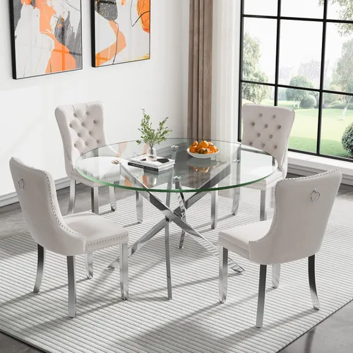 Vista 61 de Juego de mesa de comedor SSLine moderno de 3 piezas con mesa redonda de vidrio para 2, lujosa mesa de comedor circular de 36" con tapa de vidrio