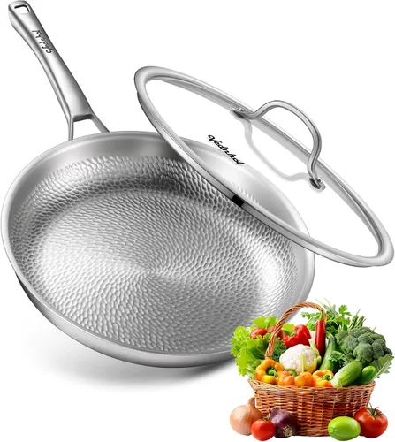Vista 8 de Sartén de titanio, sartén profesional martillada de titanio puro de 12 pulgadas con tapa, sartén no tóxica para cocinar, utensilios de cocina sin