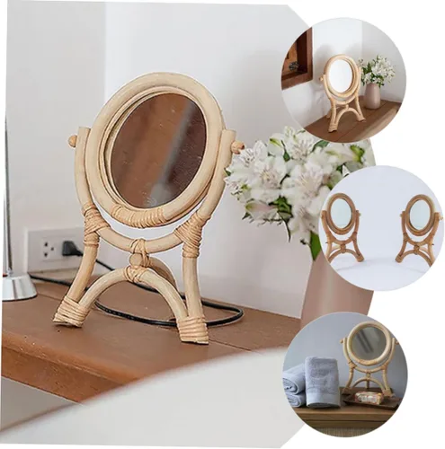 Vista 5 de GANAZONO Rattan Makeup Mirror 3-Legged Round Decorative Mirror Adjustable Rotation for Girls Bedroom for Makeup and Decor