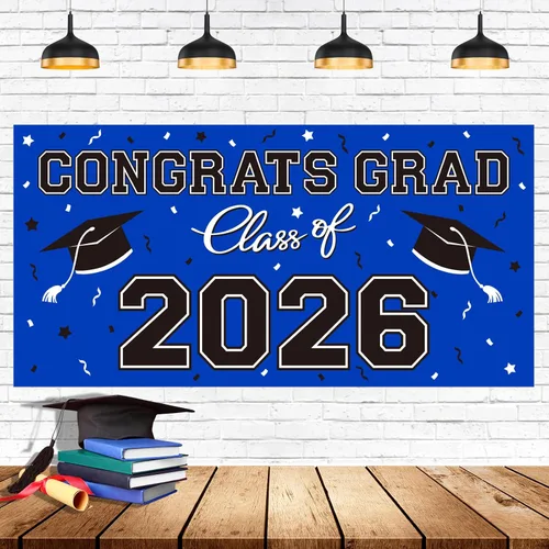 Vista 11 de Telón de fondo de plástico para fiesta de graduación 2026 - 65" x 32.7" Pancarta Congrats Grad en negro, decoraciones grandes de la clase de 2026