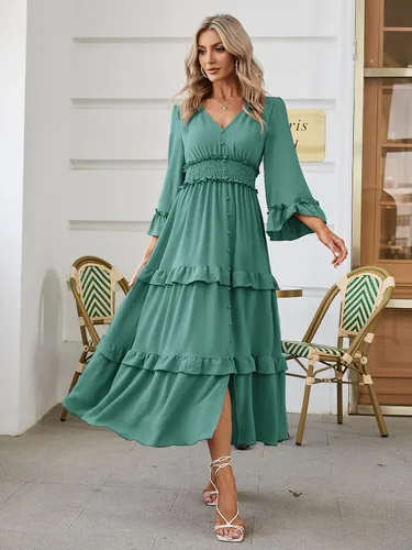Vista 2 de Amegoya Vestido largo bohemio de manga larga con cuello en V para mujer, vestido largo de compromiso para invitadas de boda