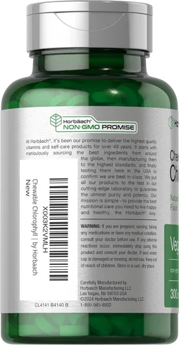 Vista 3 de Horbäach Pastillas de clorofila 300 tabletas masticables Sabor natural a menta Suplemento vegano, sin OMG y sin gluten