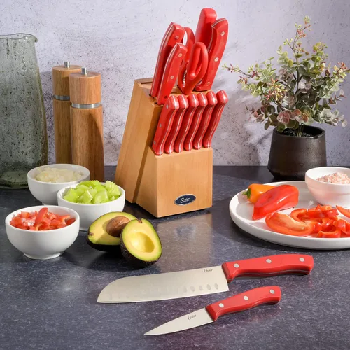 Vista 6 de Oster Scottsdale - Juego de cuchillos de cocina de acero inoxidable (14 piezas), color rojo