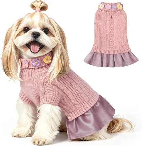 Vista 23 de YUDODO Small Dog Sweater Dress with Bowtie Turtleneck - Knitted Pet Clothes Dusty Pink