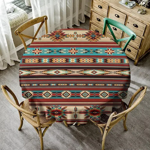 Vista 3 de Mantel azteca suroeste, diseño étnico tribal geométrico, estilo vintage, bohemio, elegante, lavable, para comedor, cocina, granja, fiesta