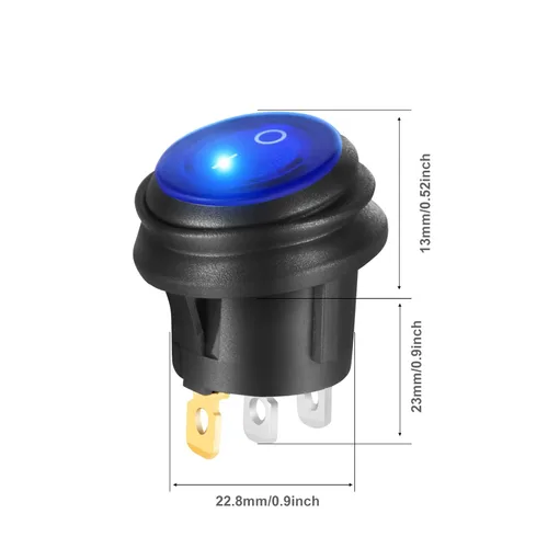 Vista 6 de Interruptores basculantes redondos de encendido y apagado impermeables SPST de 3 pines 12V 20A con luz azul iluminada, interruptor eléctrico