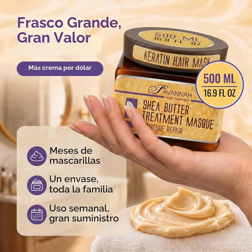 Vista 9 de Savannah - Máscara de tratamiento de cabello para cabello seco y dañado y crecimiento con manteca de karité, 16.9 oz, sin sulfatos y queratina