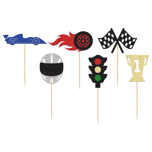 Vista 3 de Gyufise 24 piezas de adornos para cupcakes de autos de carreras, con purpurina, rueda de semáforo, bandera de trofeo, casco de carreras