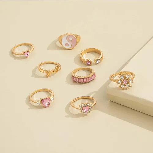 Vista 3 de Roe Dolph 8Pcs Pink Rings for Women Stackable Rings Set Boho Knuckle Rings Gold Stacking Rings Set Heart Yin-Yang Crystal Rings