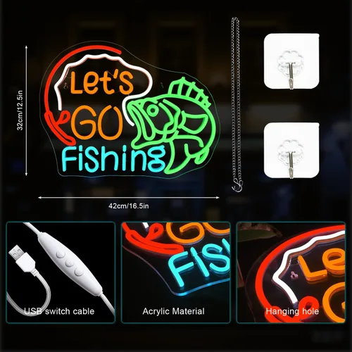 Vista 5 de Lucunstar Letrero de neón "Vamos a Pescar" Luz de neón de pez regulable para decoración de pared LED alimentado por USB Luces de anzuelo de pesca
