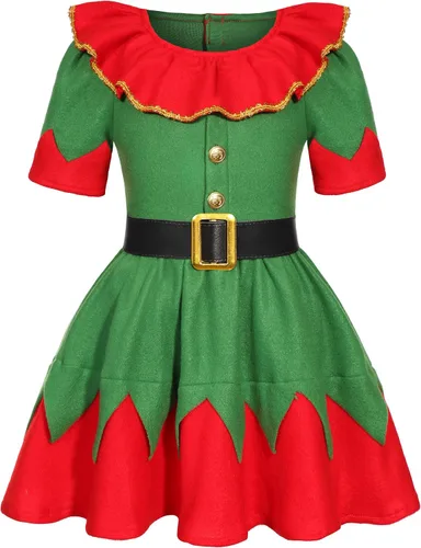 Vista 2 de Disfraz de elfo de Navidad para niñas, vestido de elfo navideño con sombrero de elfo