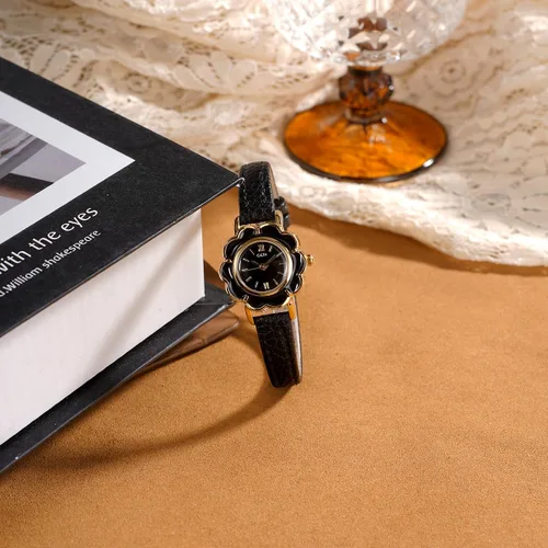 Vista 2 de CARLIEN Reloj de cuarzo dorado creativo con forma de flor para mujer, correa de cuero ligero, elegante, elegante, para mujer