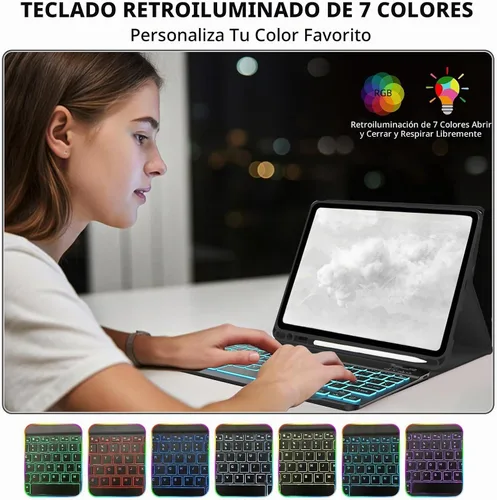 Vista 5 de Funda de teclado para Samsung Galaxy Tab A8 10.5 pulgadas - 7 colores retroiluminados cubierta de teclado y mouse (negro)