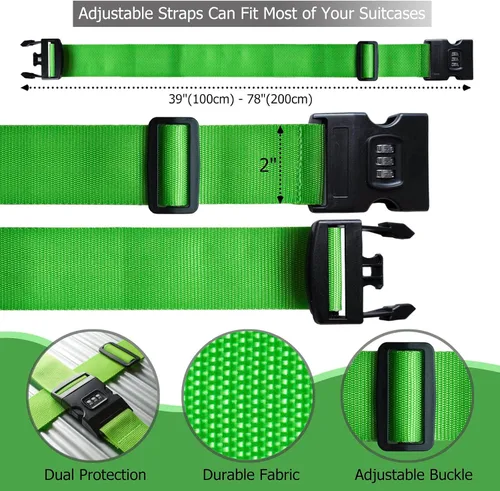 Vista 5 de 2 correas de equipaje de 78 x 2 pulgadas, correas de equipaje anchas ajustables, accesorios de viaje, verde y cerradura de combinación