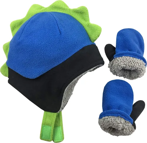 Vista 2 de Conjunto de gorro y mitones de dinosaurio con revestimiento de lana, para niños y bebés