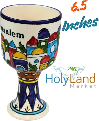 Vista 4 de Holy Land Market Copa de vino de cerámica armenia - Murallas y vistas de la ciudad de Jerusalén, diseño de cerámica medieval, grande de 6.5 pulgadas