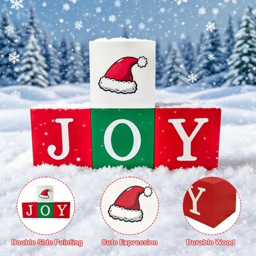 Vista 6 de 4 piezas de decoración de mesa de Navidad para interiores, bloques de madera, letreros rojos, verdes y blancos, centros de mesa de Navidad