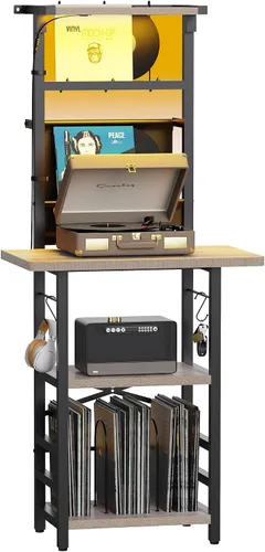 Vista 12 de YAKANJ Soporte para tocadiscos con luz LED, mesa para tocadiscos con almacenamiento de vinilos, soporte para tocadiscos con estante de exhibición