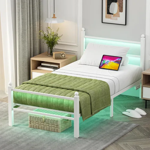 Vista 11 de Jenmit - Estructura de cama de tamaño completo con estación de carga y luces LED, estructura de cama de plataforma metálica con cabecera y pie