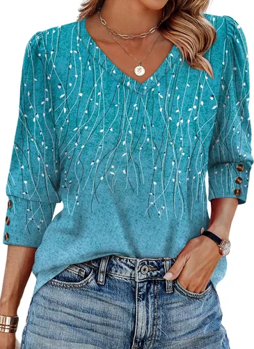 Vista 20 de XIEERDUO - Blusas de manga 3/4 para mujer, cuello en V, con botones, estilo A-blanco