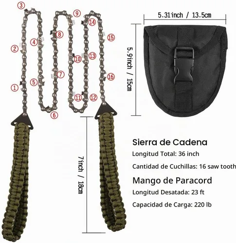 Vista 2 de Sierra de bolsillo con mango de paracord de 36 pulgadas, sierra de mano de cadena larga de 16 dientes, corte rápido de madera y árboles