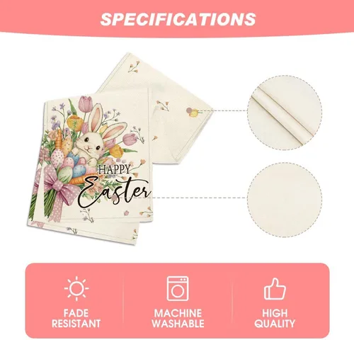 Vista 5 de Artoid Mode Camino de mesa de Pascua con diseño de huevos de conejo, flores de primavera de temporada, zanahorias, cocina, comedor, decoración