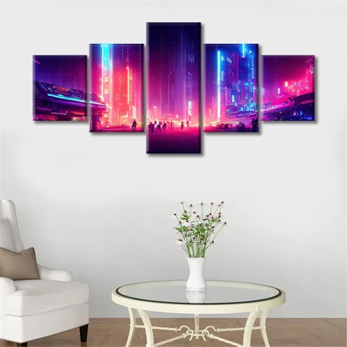 Vista 374 de Cuadros de 5 paneles de Cyberpunk City, arte de pared, representación de vallas publicitarias, edificios modernos en la capital con obras de arte
