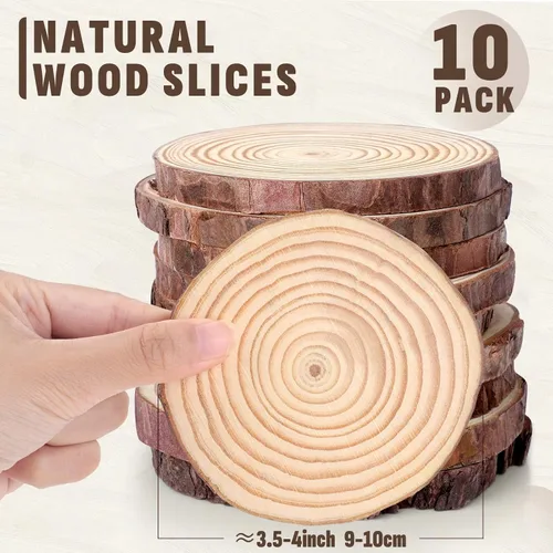 Vista 2 de FUMILE Rebanadas de madera natural sin terminar de 3.5-4 pulgadas, 10 piezas de discos redondos de madera con corteza de árbol, rondas de madera