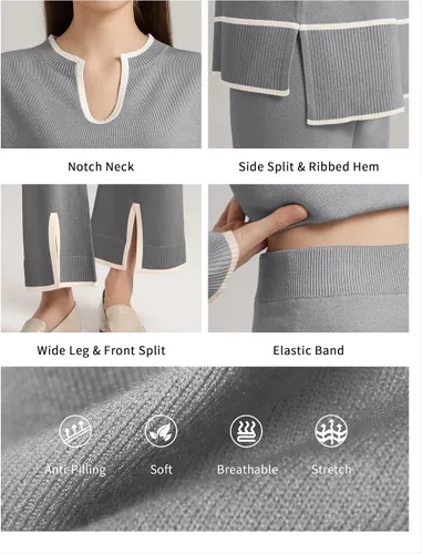 Vista 4 de SuperPrity Conjunto de 2 piezas de suéter para mujer, con cuello de muesca, manga larga, suéter de punto y pierna ancha