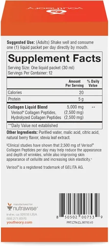 Vista 2 de Youtheory Colágeno Líquido para Cabello, Piel y Uñas con Péptidos de Colágeno y Aminoácidos, Suplemento Bebible Libre de Gluten, Sabor a Bayas, 12