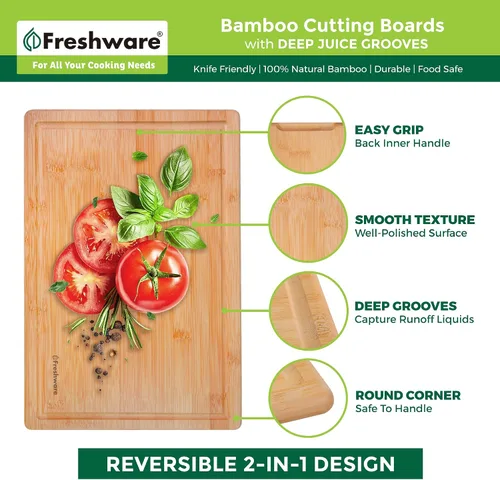 Vista 3 de Freshware Freshware - Tabla de cortar de bambú para cocina con ranura para jugos [Juego de 2] Tabla de cortar de madera para cortar carne, verduras