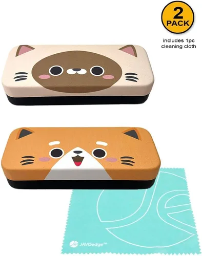 Vista 2 de JAVOedge Paquete de 2 unidades, estuche de almacenamiento para lentes con diseño de cara de gato multicolor con tela de microfibra