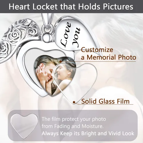 Vista 3 de SILVERCUTE Personalized & Engraved Locket Necklace with 18" Chain -Angel Wings Locket, Custom Heart Locket Pendant That Holds Picture, Sterling