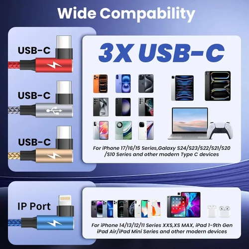 Vista 8 de Cable USB A/C a USB C en ángulo recto, cable de carga trenzado tipo C de 90 grados, cable de carga USB C 4 en 2, cable de carga universal