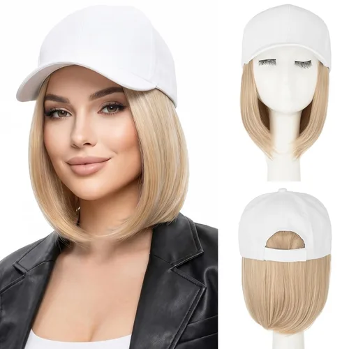 Vista 23 de SEGO - Gorra de béisbol con extensiones de cabello para mujer, resistente al calor, sintético, 6 pulgadas, ajustable, corta, recta, peluca