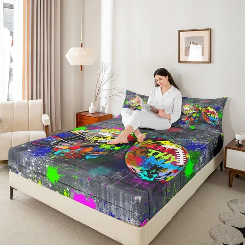Vista 5 de Erosebridal Graffiti Rugby Ball Sheets for Boys Girls Colorful Rugby Helmet Fitted Sheet,Sports Kids Bedding Sets Football Game Bed Sets Twin 2 Piece