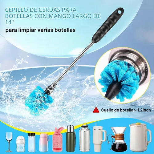 Vista 2 de Juego de 5 cepillos de limpieza de botellas, cepillo de limpieza con mango de acero inoxidable de 35.56 cm de largo y 3 cepillos para pajitas