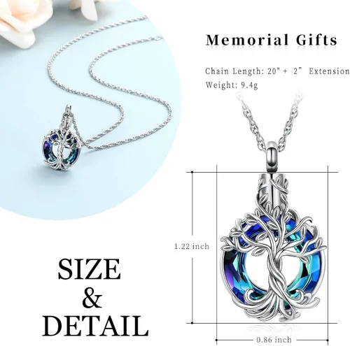 Vista 2 de shajwo Collar de cenizas de urna de cremación del árbol de la vida para mujeres y hombres, círculo de la vida, cristales de cremación, colgante