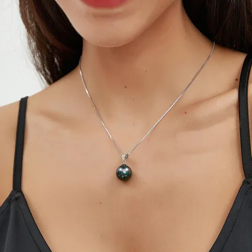 Vista 4 de YAMI BlackGolden Pearl Pendant Necklace for Women, Genuine Saltwater Cultured Tahitian Pearl, S925 Sterling Silver Single Pearl Necklace, Box Chain