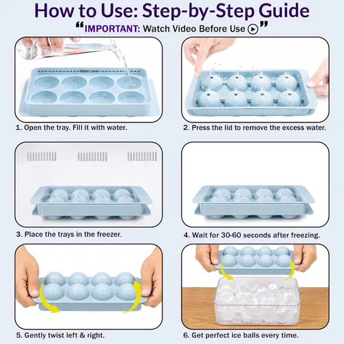 Vista 2 de Paquete de 3 bandejas para cubitos de hielo para congelador, máquina de hielo redonda grande para whisky, molde de hielo de 8 bolas con cubo