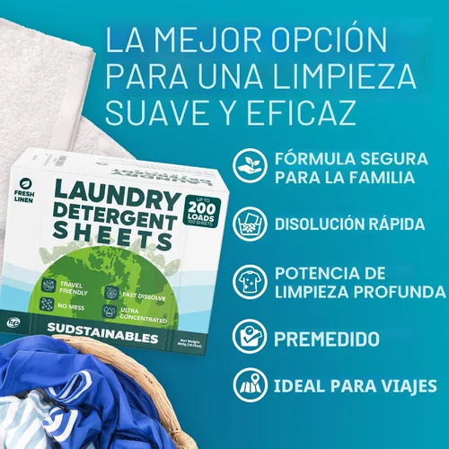 Vista 2 de Sudstainables Hojas de detergente para ropa de 200 cargas: hoja de lavandería soluble para lavadoras, alternativa compacta al detergente líquido