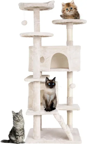 Vista 2 de 24/7 Shop at Home Court - Torre de árbol para gatos de varios niveles de 54 pulgadas con bola colgante y postes rascadores para gatos