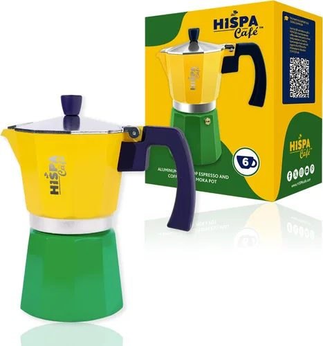 Vista 8 de Cafetera de café expreso para estufa, 3 tazas de café expreso (6 onzas), aluminio, plata, verde, azul y amarillo, con temática brasileña, cafetería