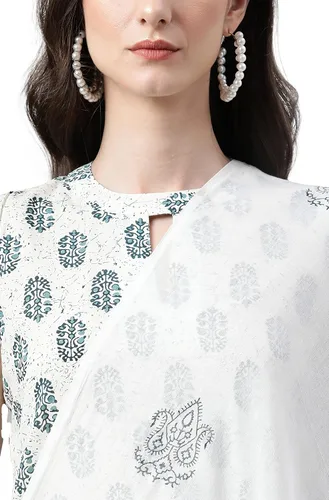 Vista 8 de Janasya Kurta de algodón blanco con estampado floral para mujer india con pantalón y dupatta