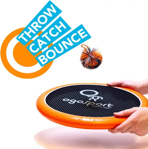 Vista 3 de Set de discos para jugar OgoSport Mezo , L, Azul y anaranjado Foam frisbee, bouncy membrane, indoor/outdoor toss and catch game, pool and beach